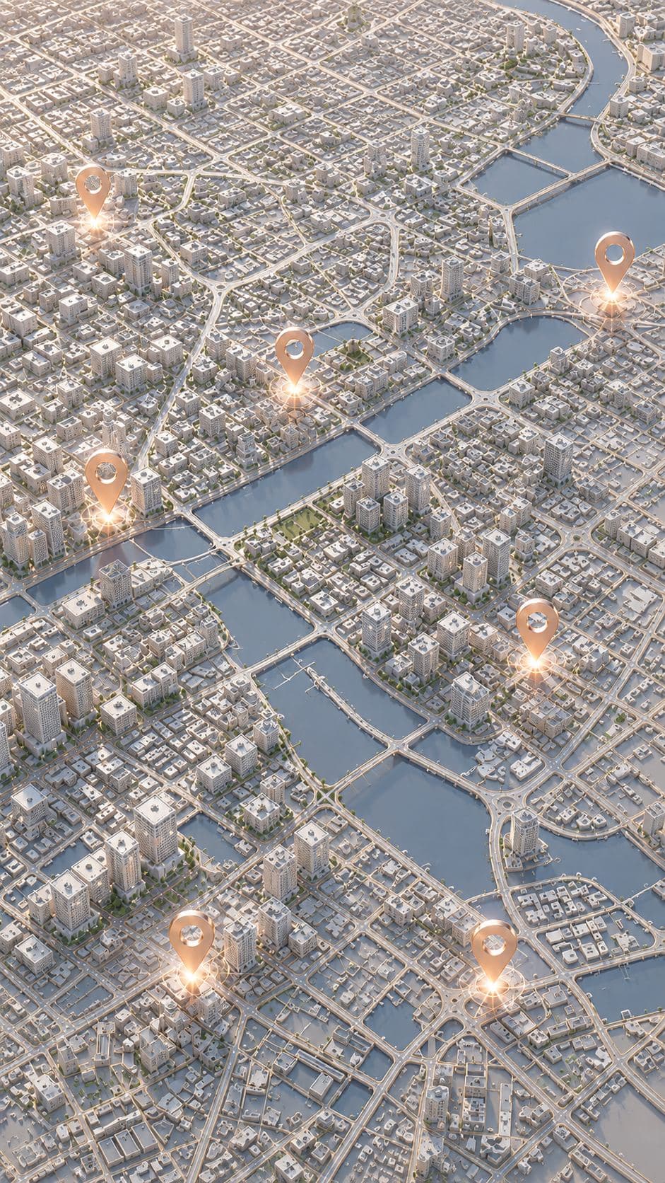 A city seen from above, with salons pinned across the map